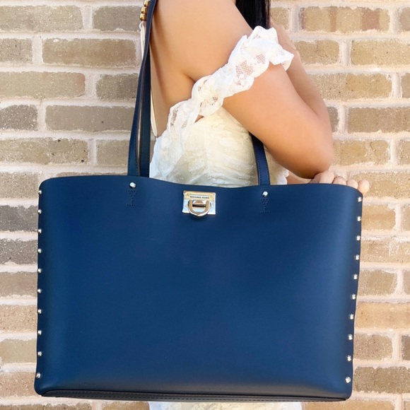 Michael Kors Handbags - Michael Kors Manhattan Large Leather Tote Studded MK Logo Bag Navy Leather